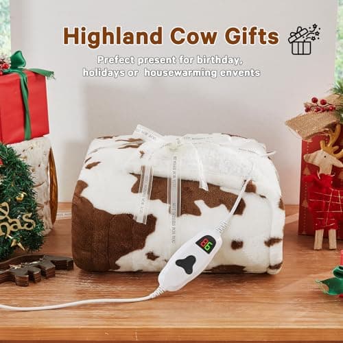 RUJIPO Cow Print Heated Electric Blanket Twin Size,62X84 Brown Heating Blanket with 10 Heats Levels & 8 Hours Auto Off,Highland Cow Fleece Sherpa Blankets Warmer Gifts for Women Adults Couch,Washable 6