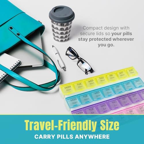 Weekly Pill Organizer - 4-Times-a-Day Pill Planner Pill Box Separates Pills & Vitamins with Daily Morning, Noon, Evening & Night Compartments, Travel Medication Reminder Monday to Sunday 7
