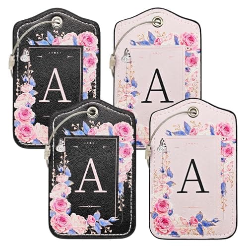 Initial Luggage Tags for Suitcases 4 Pack TSA Approved, PU Leather Luggage Suitcase Tags for Travel Baggage Name Personalized, Bag Tags for Easy Identification - Black & Pink Floral (Letter A)