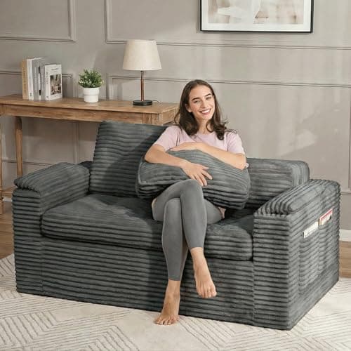 Fabulcozy Loveseat Sofa, Boneless Cloud Couch for Living Room 2 Seater Modern Lounge Sleeper Couch with Removable Cover Corduroy Sofa with Armrest, Seat Cushion & Pillows for Small Spaces, Dark Grey