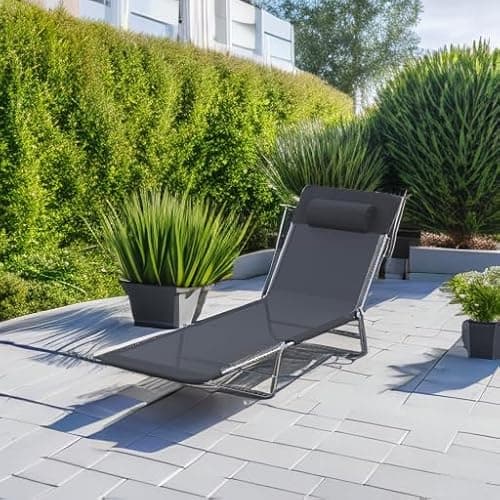 Outsunny Folding Chaise Lounge Pool Chairs, Outdoor Sun Tanning Chairs with Pillow, Reclining Back, Steel Frame & Breathable Mesh for Beach, Yard, Patio, Black 6