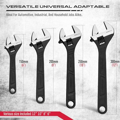 Adjustable Wrench Set Wrenches Sets: 4-Piece 6, 8, 10, 12 Inch Chrome Vanadium Steel Corrosion-Resistant Black Oxide Finish for Automotive Plumbing and Household Repairs 5