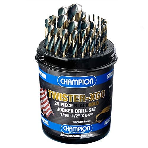 Champion Cutting Tool Corp TWISTER-XGO Champion Cutting Tool Heavy Duty Black & Gold 29Piece Jobber Drill Bit Set- Made In USA, 135° Split Pt., 1/16"-1/2"x 64Ths,