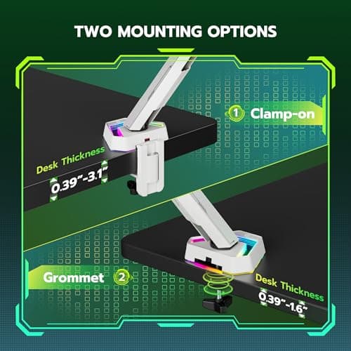 ARES WING RGB Single Monitor Arm Desk Mount for 17-45 inches Flat and Curved Monitors, Holds 35.2 lbs Heavy Duty, Adjustable Ultrawide Monitor Arm with Clamp & Grommet Base, 75/100 VESA Mount, White 7