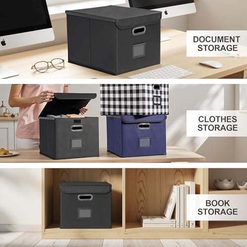 Hleelomi Collapsible File Box with Lid & Plastic Slide - Hanging Document Organizer for Office/Home, 14.96x12.6x10.83 Inch,Decorative Home File Bin,Black, 1 Pack (No Folders Included) 9