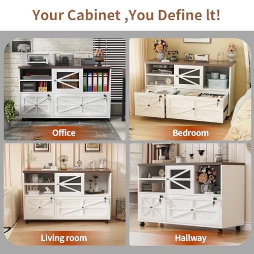 Semoic 2 Drawer Farmhouse File Cabinet with Lock, Mobile Lateral Filing Cabinet for Letter/Legal/A4 Size, Open Storage Adjustable Shelf for Home Office Cabinets,White 7