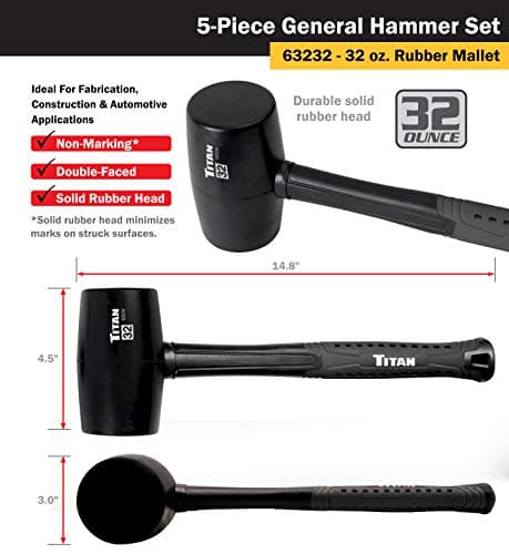 Titan 63125 5-Piece Hammer Set, Includes 16oz & 32oz Ball Pein, 32oz Rubber Mallet, 3lb Sledgehammer, & 3lb Cross Pein, Shock Absorbing Fiberglass Handles with Textured Grips 8