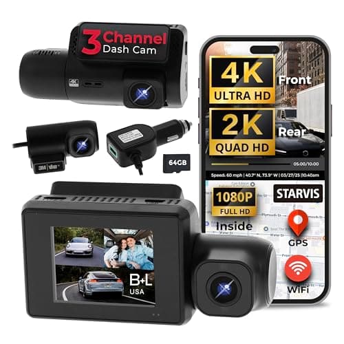 B+L USA 4K Premium 3 Channel Dash Cam with Sony STARVIS IMX Sensors 4K Front + 2K Rear + 1080P FHD Inside Dash Camera for Cars, Night Vision, WiFi, GPS, G-Sensor Safety, Free MicroSD 64GB Card