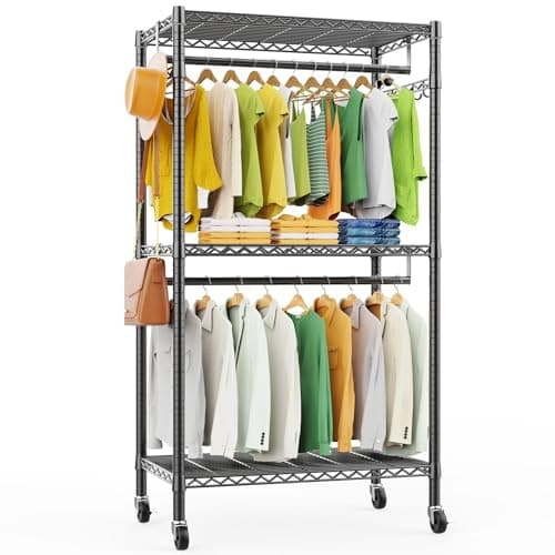 LEHOM G1M Heavy Duty Clothes Rack, 3 Tiers Rolling Garment Rack for Hanging Clothes, Adjustable Wire Clothing Rack with Storage Shelves, Lockable Wheels Freestanding Closet Wardrobe for Bedroom