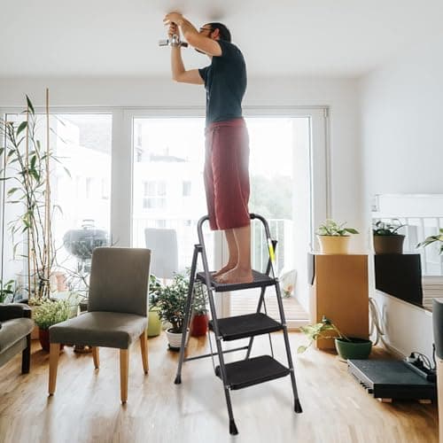 3 Step Ladder, GOLYTON Folding Step Stool with Anti-Slip Wide Pedal & Convenient Handgrip, 500lbs Capacity Steel Ladder for Household and Office, Grey 7