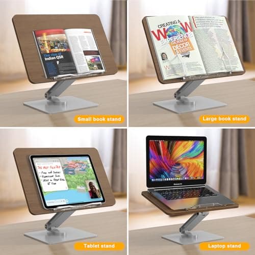 CarrieCathy Book Stand for Reading, Adjustable Holder with 360° Rotating Base & Page Clips, Foldable Desktop Book Display, Cookbook Stand, for Kitchen, Home Office, Laptop, Tablet, Kindle 6