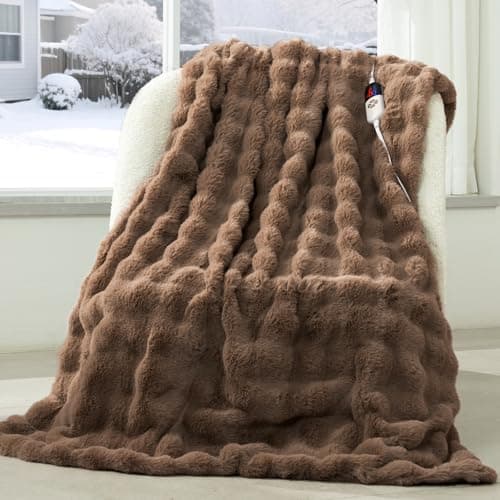 VELLUBAM Faux Fur Heated Blanket Throw Camel - Luxury Fluffy Rabbit Bubble Electric Blanket with 6 Heating Levels, 4 Time Settings, Ideal Gift for Women, Machine Washable (50"x60")