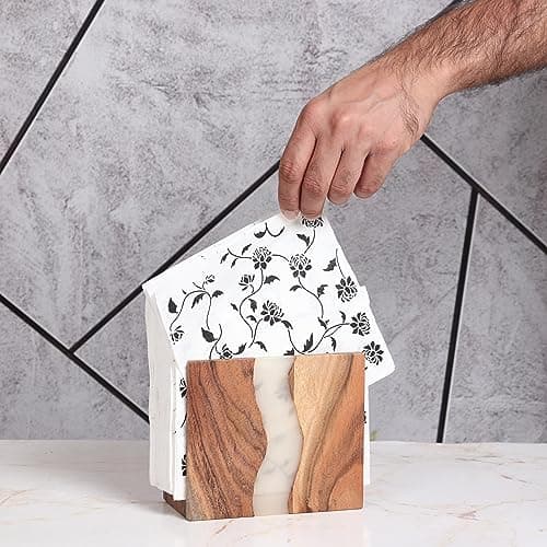 LAVAUK Acacia wood & Transparent Epoxy resin Napkin holder for table, Rustic farmhouse napkin organisation for kitchen, dining, counter tops, restaurant or outdoors | 6x5x2.5 inches|(Cloudy White) 5