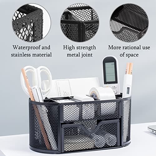 Lechay Mesh Pen Holder, Desk Organizer for Desk Pencil Holder with 8 Compartments and 1 Drawer Desk Supplies for Office Home 1 PC 5