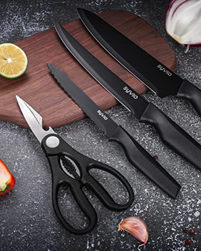 syvio Block Knife Set, 15 Pcs Kitchen Knife Set with Block and Sharpener, with Heavy Poultry Shears and 6pcs Serrated Steak Knives Razor-Sharp, Stainless Steel, Lightweight, Anti-Slip Handle 6
