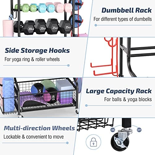 PLKOW Dumbbell Weight Rack, Home Gym Storage for Kettlebells Yoga Mat and Balls, All in One Workout Storage with Wheels and Hooks, Powder Coated Finish Steel 5