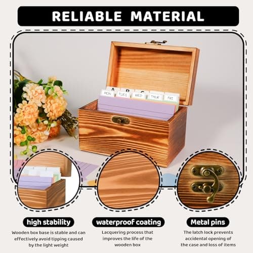 MOBYKE Index Card Holder 3x5, wooden Origanizer Recipe Box with 100 PCS Flash cards, 30 White Dividers, 1 Blank Sticker and 1 Letter Sticker, Flashcard Notecard Holders for Home Office 6