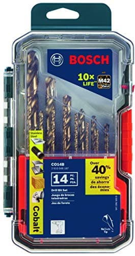 BOSCH CO14B 14-Piece Assorted Set with Included Case - Cobalt M42 Metal Drill Bits with Three-Flat Shank for Drilling Applications in Stainless Steel, Cast Iron, Titanium, and Light-Gauge Metal