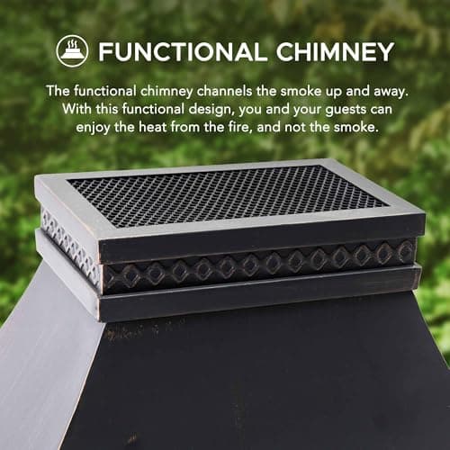 Sunjoy Outdoor Fireplace, Heirloom Patio Wood Burning Steel Fireplace with Chimney, Spark Screen, Fire Poker, and Removable Grate, Black 6