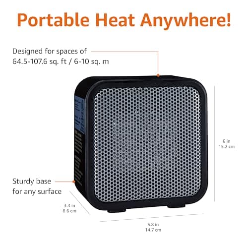 Amazon Basics Ceramic Portable Mini Space Heater for Office Desk, Indoor Use, Fast Heating, Energy Efficient, 500W, With Tip-Over Protection, Lightweight 1.4 lbs, Black, 5.87"D x 3.15"W x 5.95"H 3