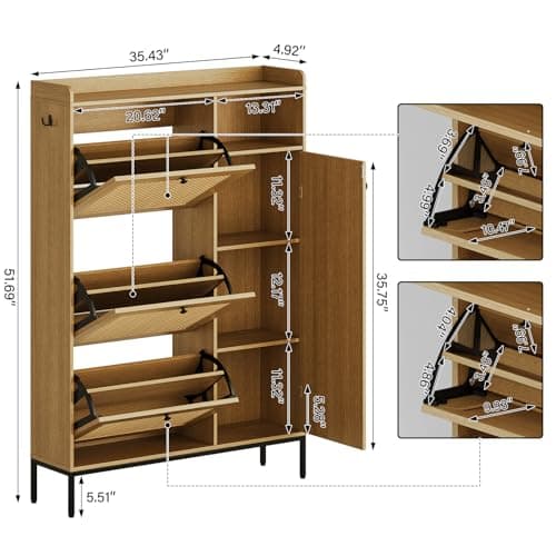 Shoe Cabinet, Natural Rattan Freestanding Shoe Organizer with 3 Flip-out Drawers and 4 Open Shelves Side Cabinet, Slim Wood Shoe Rack with Metal Legs for Entryway, Hallway, Living Room (Natural Color) 2