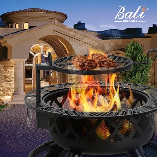 BALI OUTDOORS Fire Pit with Poker, 32 inch Outdoor Fire Pit Patio, Wood Burning Firepits for Outside with Grill 7