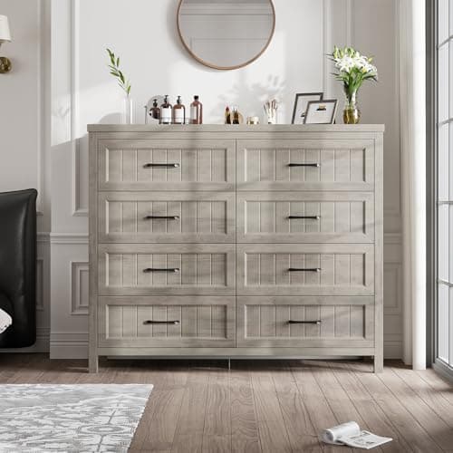 Jocoevol Farmhouse Dresser 8 Drawer Dresser for Bedroom, Large Wooden Dressers Double Grey Dresser with Deep Drawers Dressers for Hallway, Entryway (Gray) 8