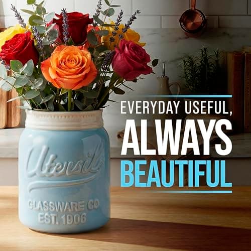 Comfify Wide Mouth Mason Jar Utensil Holder Decorative Kitchenware Organizer Crock, Dishwasher Safe - Kitchen Caddy Aqua Blue for Countertop, Large Size 7" Hight 6