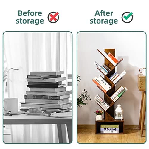 Yoobure Tree Bookshelf - 6 Shelf Retro Floor Standing Bookcase, Tall Wood Book Storage Rack for CDs/Movies/Books, Utility Book Organizer Shelves for Bedroom, Living Room, Home Office, Rustic Brown 6