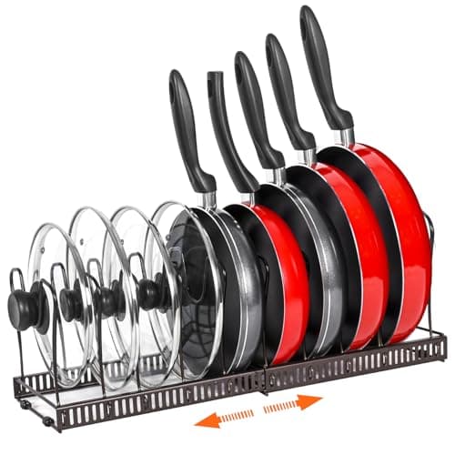 Pot Rack Organizer -Expandable Pot and Pan Organizer for Cabinet,Pot Lid Organizer Holder with 10 Adjustable Compartment for Kitchen Cabinet Cookware Baking Frying Rack,Bronze