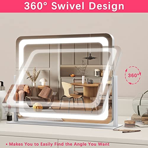 ROLOVE 22x17 Inch Lighted Vanity Mirror with Dimmable LED Lights - 3 Color Modes, Smart Touch Control & 360° Rotating Base - Desk Makeup Mirror (White) 5