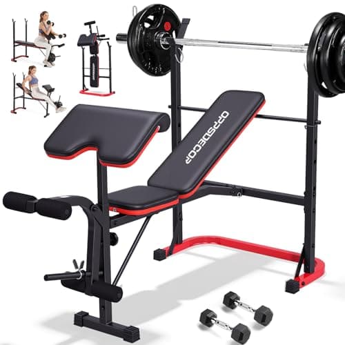 OPPSDECOR 661LBS Weight Bench Set, 8 in 1 Adjustable Bench Press with Squat Rack Leg Extension & Leg Curl Workout Bench with Safety Bar Catches Standard Weight Training Benches for Home Gym (Black with Preacher Curl)