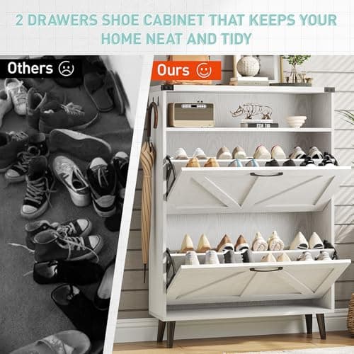 Vabches Shoe Storage Cabinet with 2 Flip Drawers,Freestanding Narrow Shoe Organizer with Open Storage,Hidden Slim Organizer Rack for Entryway,Hallway,White 7