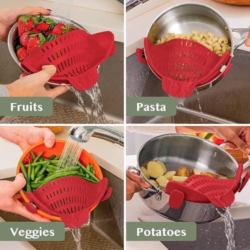 Kitchen Gizmo Snap N Strain Silicone Pot Strainer - Adjustable Clip-On Pasta Strainer for Pots, Pans, and Bowls - Large Red Kitchen Colander 7