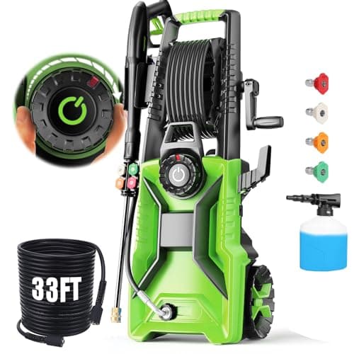 Pressure Washer Power Washer with 33FT Hose, 4 Nozzle and 500ML Foam Cannon, Cleaner Machine for Home, Car Washing, Fence Cleaning, Green