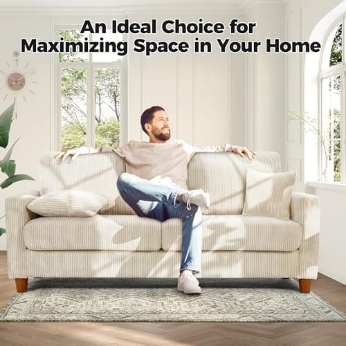 70in Corduroy Couch, Kidirect Sofa No Tool Assembly, Comfy Couches for Living Room 21in Deeper Seats, Corduroy Sofas for Living Room with 2 Pillows, Oversized Loveseat Sofa, Boho Love Seat Beige Couch 4