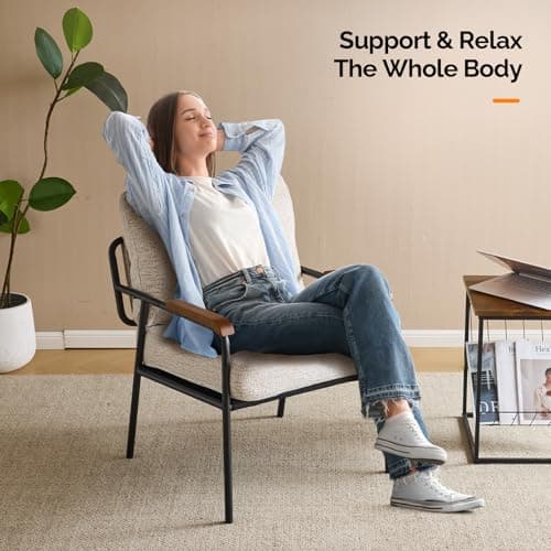 VINGLI Mid-Century Modern Accent Armchiar for Small Space, Small Comfy Upholstered Leisure Reading Chair with Wood Armrest for Bedroom, Living Room, Waiting Room, Linen Beige 5