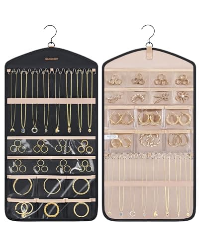 BAGSMART Hanging Jewelry Organizer with Hanger Metal Hooks Double-Sided Jewelry Holder for Organizing Earrings Necklaces Rings Perfect for in Hanging Closet, Wall, Door, 1 Piece, M, Black