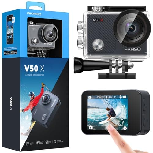 AKASO V50X Native 4K30fps WiFi Action Camera with EIS Touch Screen 4X Zoom 131 feet Waterproof Camera Support External Mic Remote Control with Helmet Accessories (Without 64GB MicroSD Card)