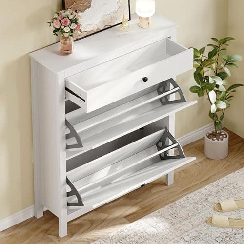 DWVO Narrow Shoe Cabinet with 2 Flip Drawer - Slim White Shoe Storage Cabinet With Metal Flip Frame - Adjustable or Removable Hidden Shoe Rack Free Standing Shoe Cabinet Organizer for Entryway/Hallway 6