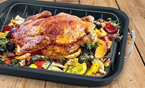 Eternal Living 6 Piece Rectangular Turkey Roaster Pan with Rack Carving Knife Fork Baster and Brush, Roasting Pan 15 Inch Black 6