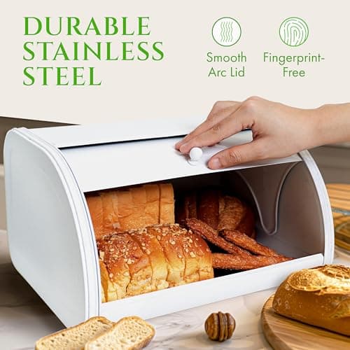 Modern Metal White Bread Box for Kitchen Countertop for Homemade Loaf Sourdough, Roll Top Breadbox for Kitchen Countertop Storage Container Bin, Farmhouse Stainless Steel Bread Keeper for Counters 5