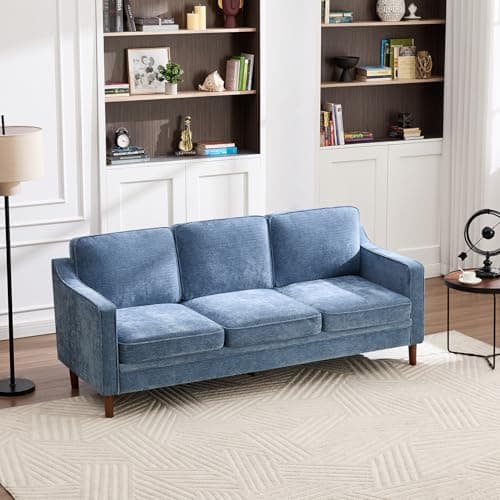 Kingfun 80" Chenille Sofa, 3 Seater Couch, Mid Century Modern Couches with Solid Wood Legs for Living Room & Bedroom, Light Blue