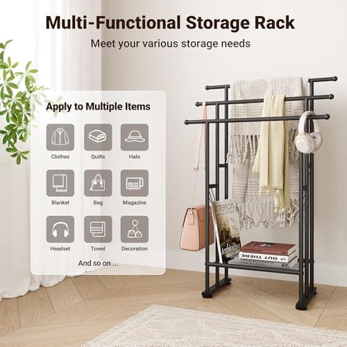 ELYKEN 3 Tier Standing Towel Rack, 40'' Tall Towel Drying Rack Outdoor, Freestanding Floor Towel Rack with Shelf, Pool Towel Blanket Stand, Metal Towel Racks for Bathroom freestanding, Matte Black 8