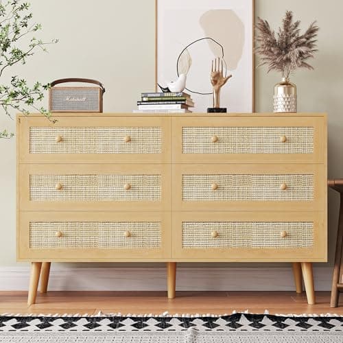 HUANLEGO Rattan Dresser for Bedroom, Modern 6 Drawer Dressers & Chest of Drawers, Natural Boho Dresser with Handles Wood Storage Organizer Modern Dressers for Closet, Hallway, Office