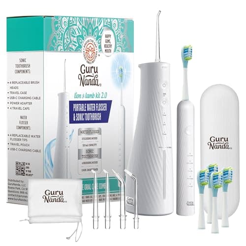 GuruNanda Lion & Lamb Kit 2.0, Electric Toothbrush with Water Flosser Combo, 4 Jet Tips, 4 Brush Heads, & IPX7 Waterproof Design for Complete Oral Care, White