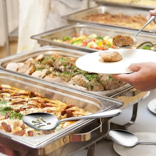 Stainless Steel Slotted Serving Spoons, E-far 4-Piece Metal Tablespoons Hostess Serving Utensils Set for Catering Buffet Party Kitchen Restaurant, Dishwasher Safe 7