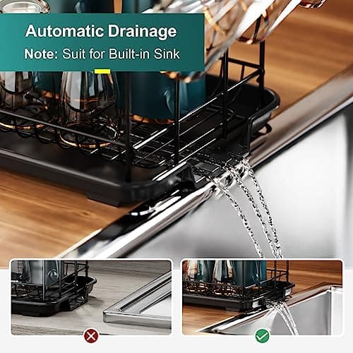 iSPECLE Dish Drying Rack - 2 Tier Small Dish Racks for Kitchen Counter with Drainboard, Utensil & Glass Holder, Small Dish Dryer Rack, Multifunctional Dish Drainer for Kitchen Organization, Black 8