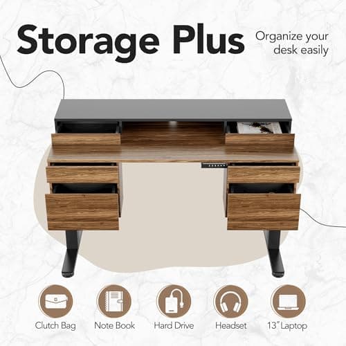 HUANUO Standing Desk with 6 Drawers, 55 Inch Electric Height Adjustable Stand Up Desk with Storage, Computer Home Office Workstation with Monitor Stand, Black Walnut 6
