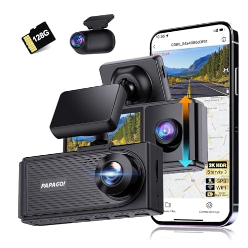 PAPAGO G360 Dash Cam, 3 Channel WiFi Built-in GPS Dashcam, STARVIS IR Night Vision, 2K+1080P+1080P Front Inside and Rear Triple Car Camera, Loop Recording, 128GB Card, Parking Monitor (G360US)